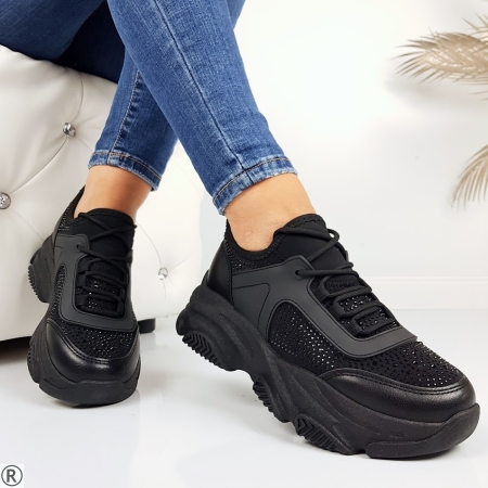 Черни дамски маратонки с камъни- Krista Black 11193