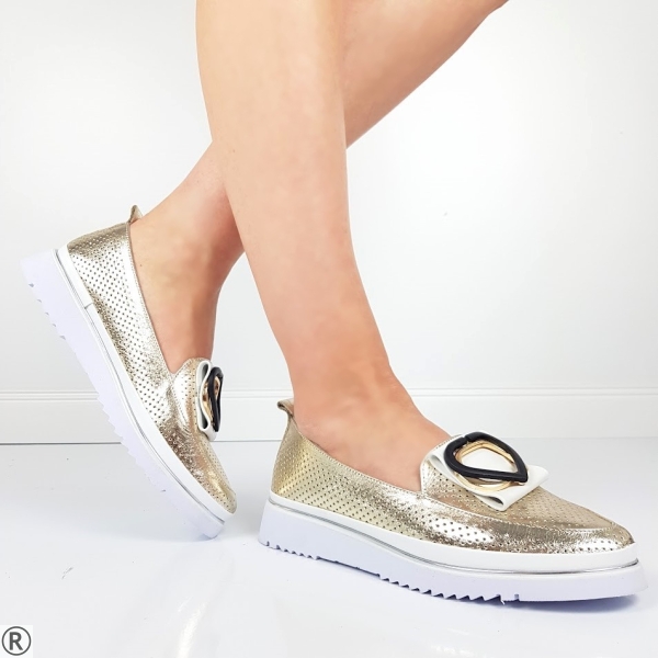 Обувки от естествена кожа в златист цвят-  Amanda Gold 10385 