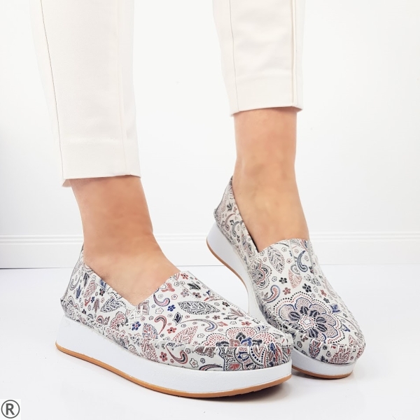 Обувки от естествена кожа с цветен принт- Klara White 10431