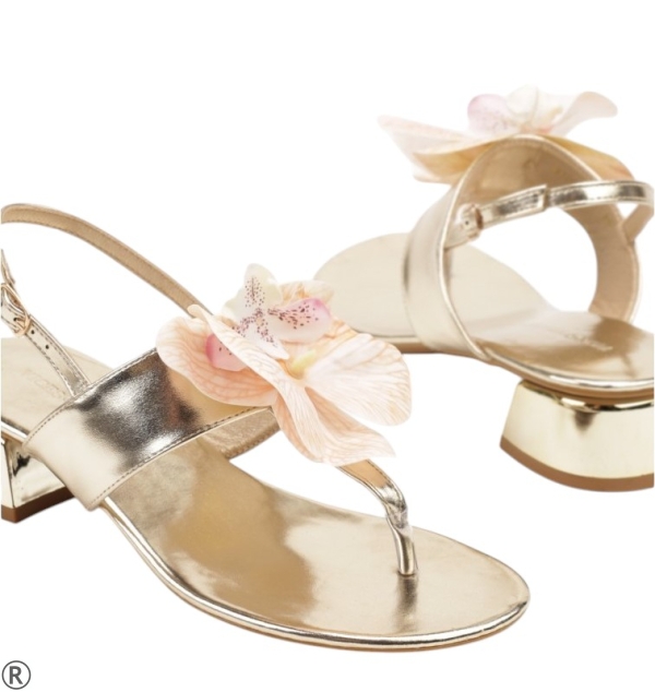 Златни сандали на удобен ток с орхидея - Eliza Gold 10435