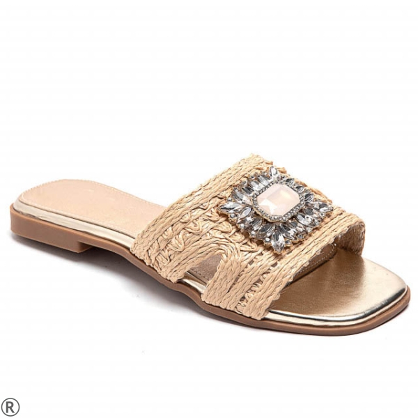 Бежови дамски чехли с камъни- Steisi Beige 10519