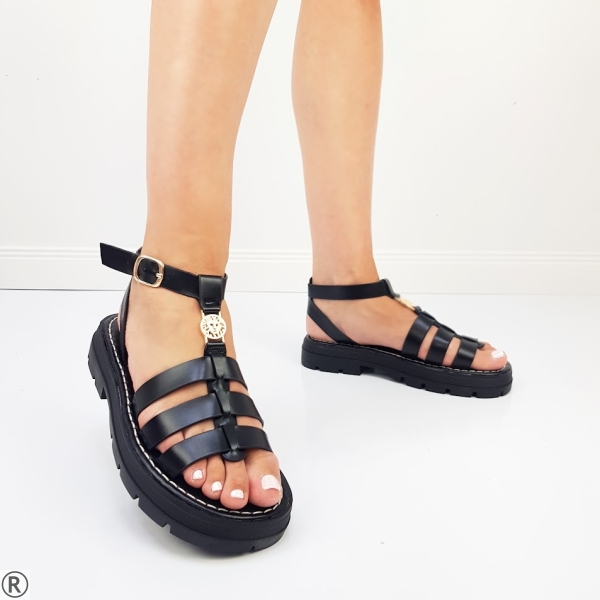 Черни сандали на равна платформа- Izabel Black 10525