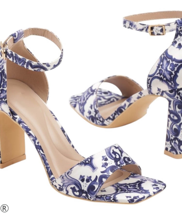 Сатенени сандали синьо със бяло на ток- Valera Blue 10677