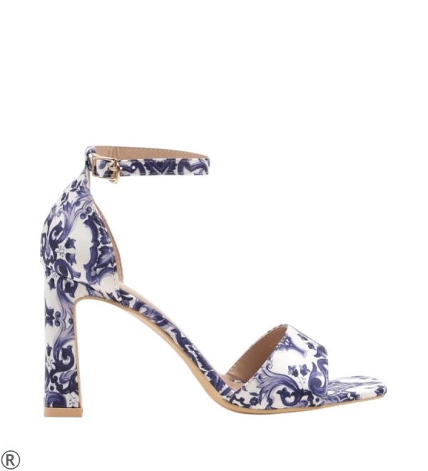 Сатенени сандали синьо със бяло на ток- Valera Blue 10677