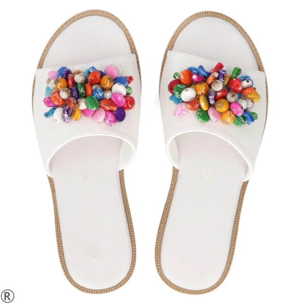 Бели равни чехли с камъни- Dara White 11011