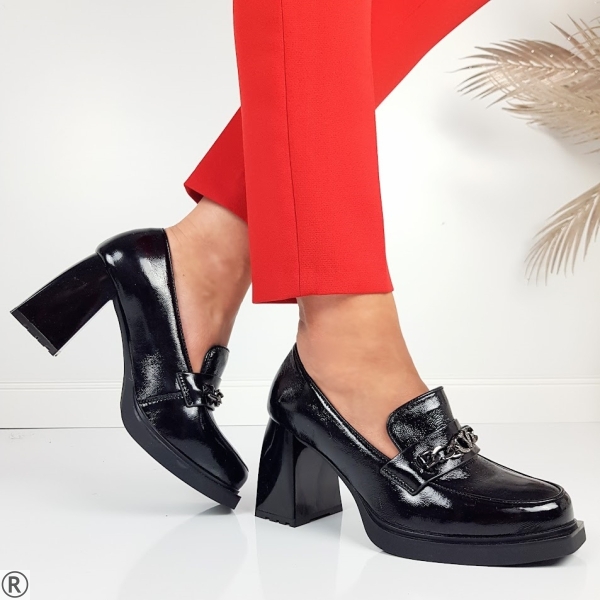 Елегантни черни обувки на ток и платформа- Elza Black 11088