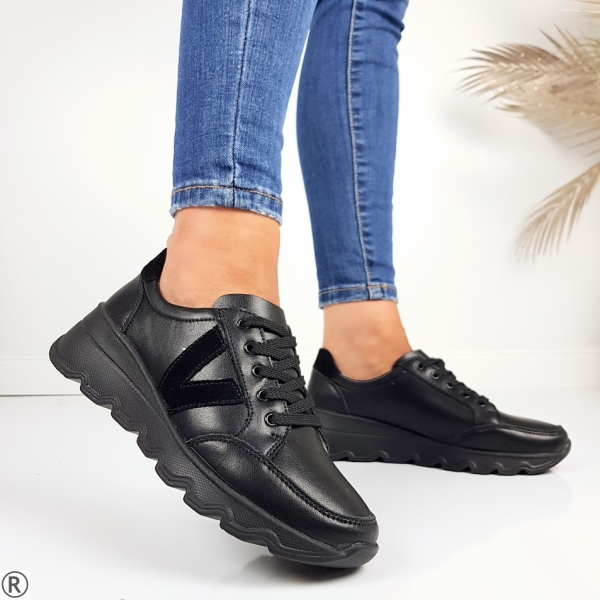 Черни маратонки от естествена кожа- Mira Black 11114