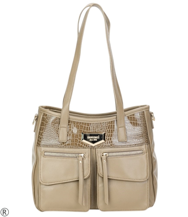 Бежова чанта от кожа и велур с дълги дръжки- Monnari 11143