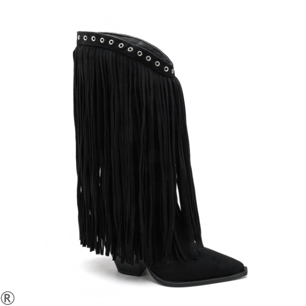 Черни каубойски ботуши с ресни- Klear Black 11186