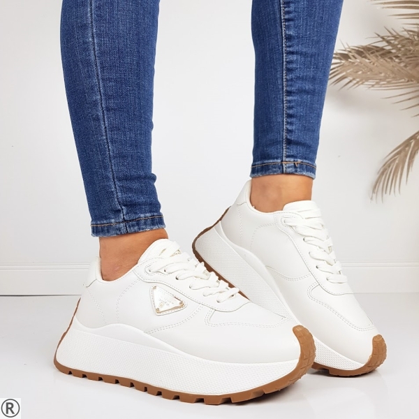 Бели дамски сникърси на платформа- Valera White 11192