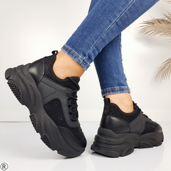 Черни дамски маратонки с камъни- Krista Black 11193