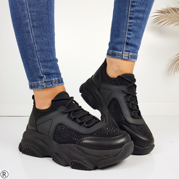 Черни дамски маратонки с камъни- Krista Black 11193