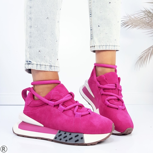 Цикламени сникърси от естествен велур- Amelia Pink 11196