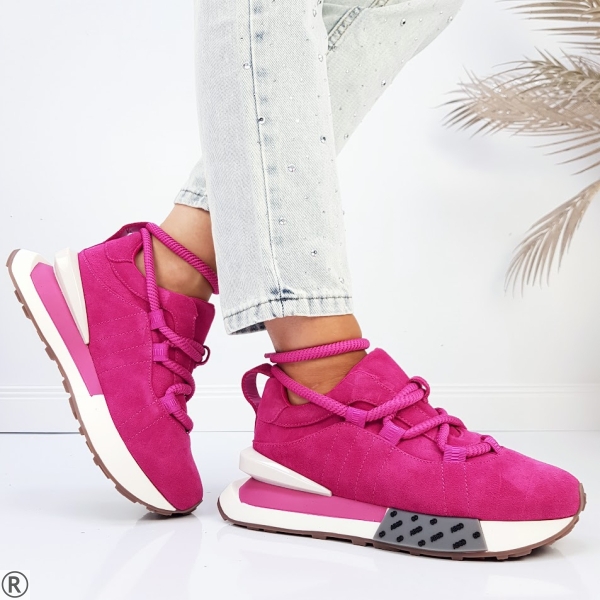 Цикламени сникърси от естествен велур- Amelia Pink 11196