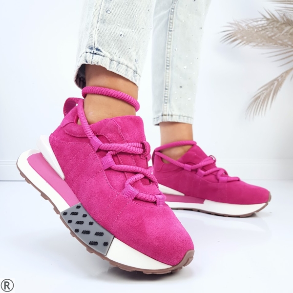 Цикламени сникърси от естествен велур- Amelia Pink 11196