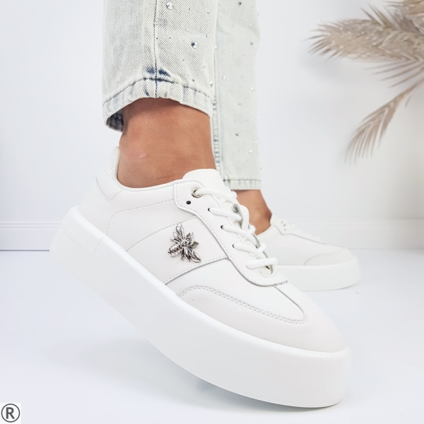 Бели кецове от естествена кожа с пчела- Arais White 11198