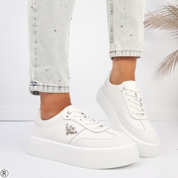 Бели кецове от естествена кожа с пчела- Arais White 11198