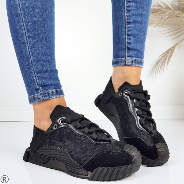 Черни сникърси с дантела- Sisi Black 11200