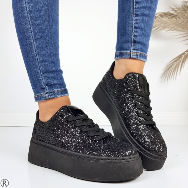 Черни дамски кецове с брокат- Stela Black 11202