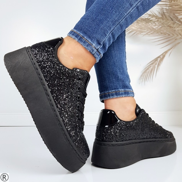 Черни дамски кецове с брокат- Stela Black 11202