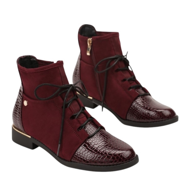 Равни боти бордо с връзки и цип -  Lura 11233