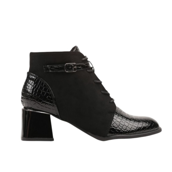 Черни боти на малък ток от лак и велур- Tara Black 11235