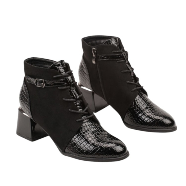 Черни боти на малък ток от лак и велур- Tara Black 11235