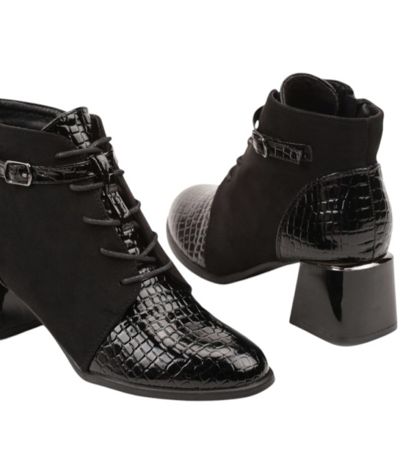 Черни боти на малък ток от лак и велур- Tara Black 11235