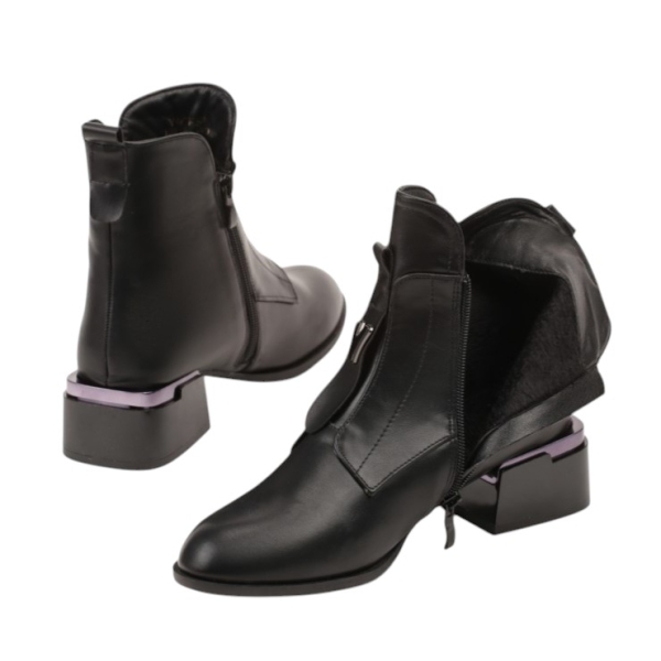 Черни кожени боти на широк ток- Sidni  Black 11239