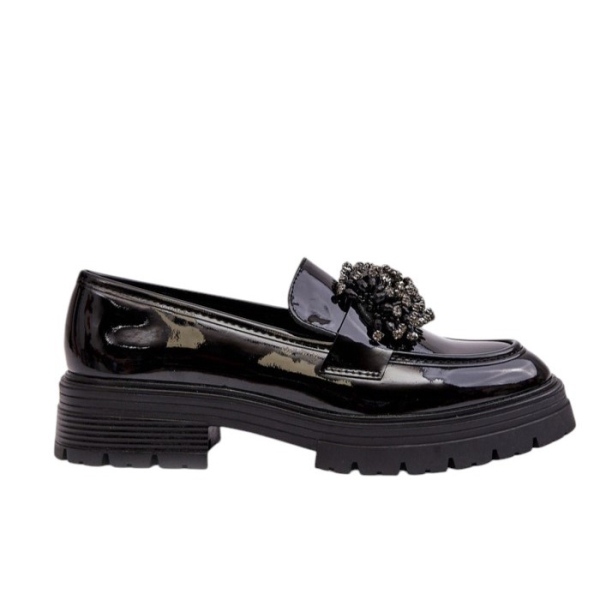 Черни лачени мокасини с камъни- Sisi Black 11340