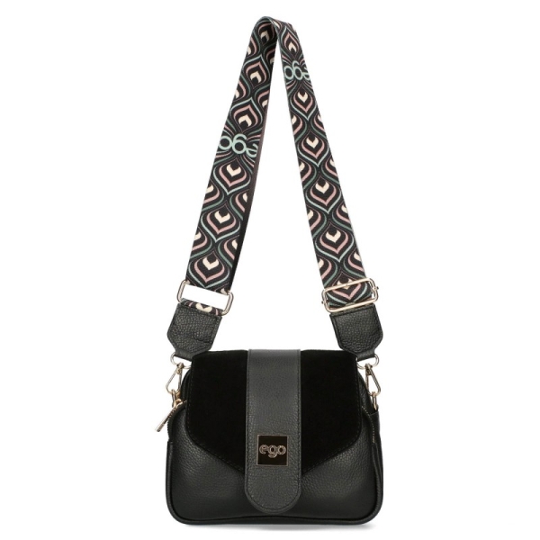 Черна чанта от естествена кожа с капак и дълга дръжка- EGO 11348