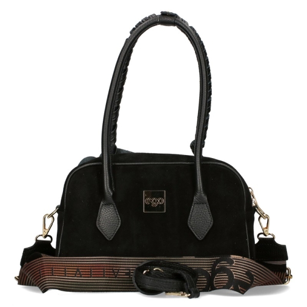 Черна чанта от естествен велур с цвете- EGO 11380