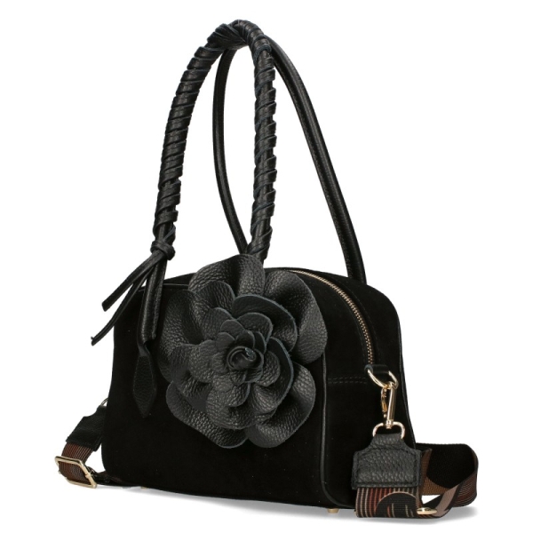 Черна чанта от естествен велур с цвете- EGO 11380