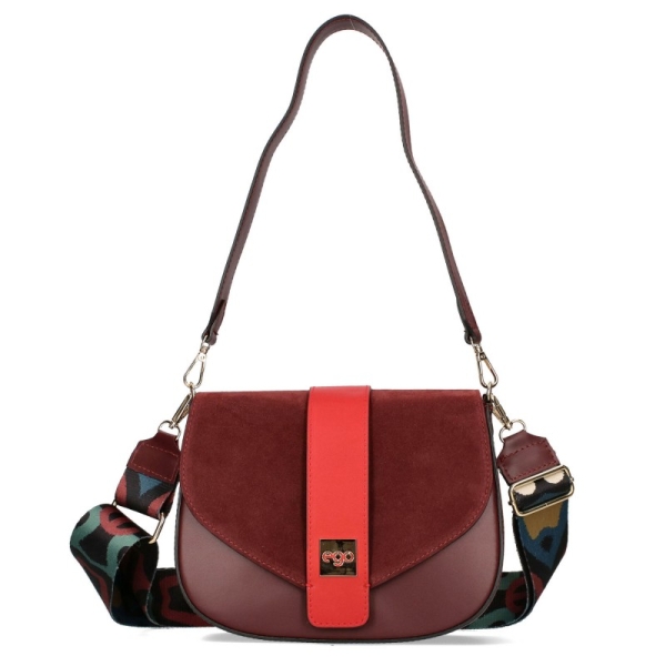 Чанта от естествена кожа и велур в цвят бордо- EGO 11385