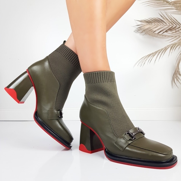 Дамски боти от естествена кожа с плетиво цвят каки- Eliza Bulgaria Khaki 11396