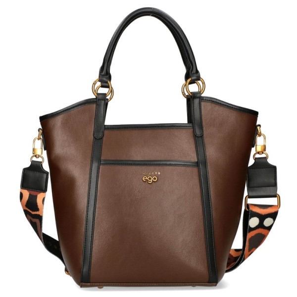 Тъмно кафява дамска чанта с дълги дръжки-  EGO 11432