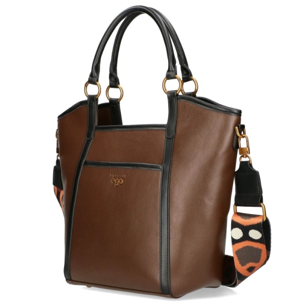 Тъмно кафява дамска чанта с дълги дръжки-  EGO 11432