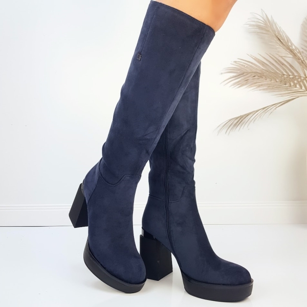 Сини велурени ботуши на ток и платформа- Eliza Bulgaria 11480