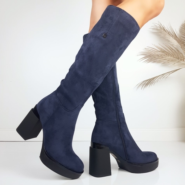 Сини велурени ботуши на ток и платформа- Eliza Bulgaria 11480