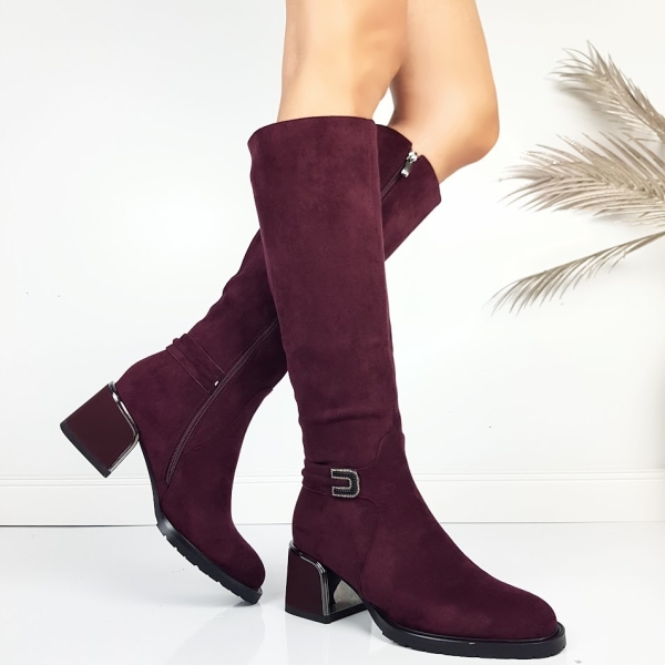 Дамски ботуши цвят бордо на удобен ток- Eliza Bulgaria 11486