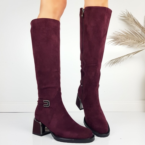 Дамски ботуши цвят бордо на удобен ток- Eliza Bulgaria 11486