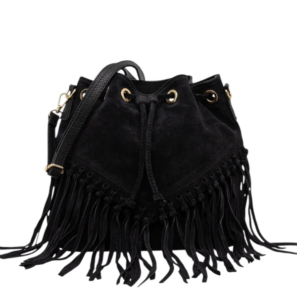 Черна чанта от естествен велур с ресни - Jaklin Black 11514