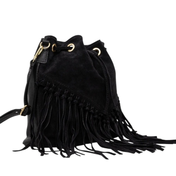 Черна чанта от естествен велур с ресни - Jaklin Black 11514