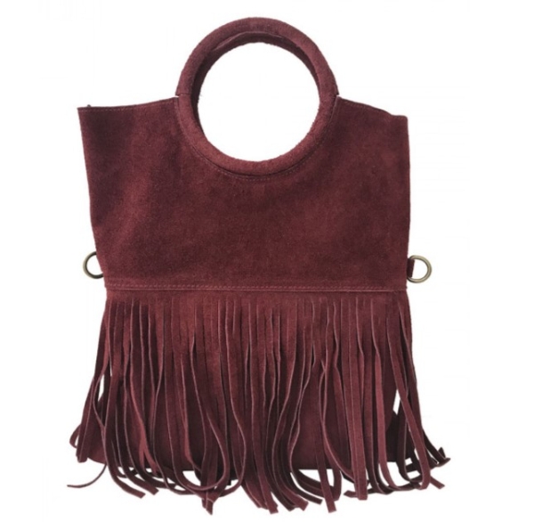 Чанта от естествен велур с ресни в цвят бордо- Virna Burgundy 11526