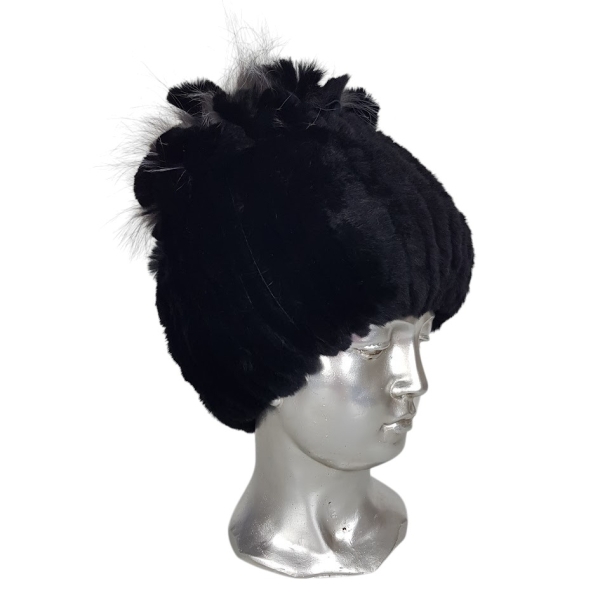 Черна луксозна шапка от естествен косъм на лисица- Nora Black  11557