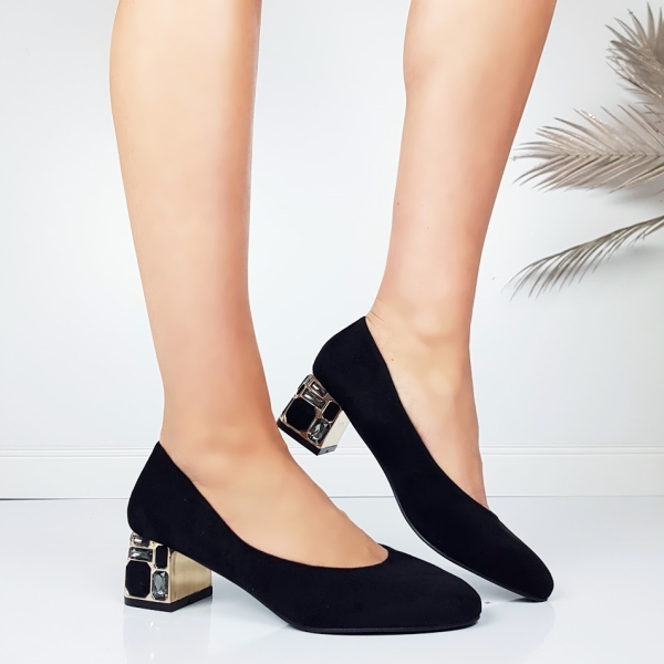 Елегантни велурени обувки с ефектен ток с камъни- Arina Black 11542