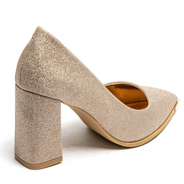 Елегантни златни  обувки на удобен широк ток с брокат- Izabel Gold 11614