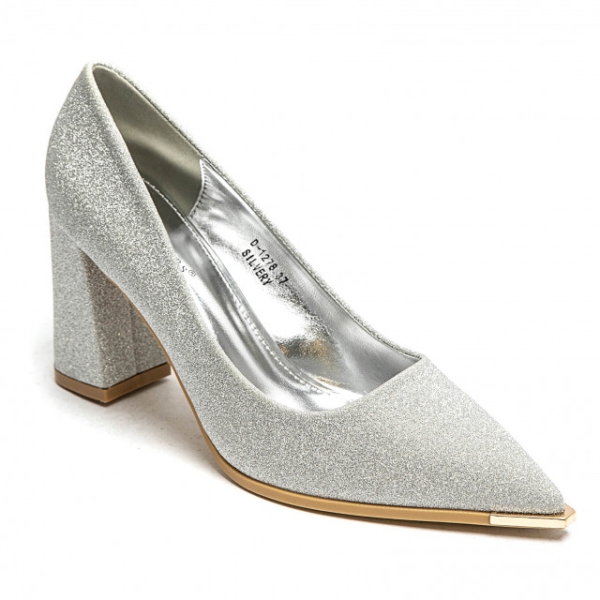 Елегантни сребристи обувки на удобен широк ток с брокат- Izabel Silvere 11615