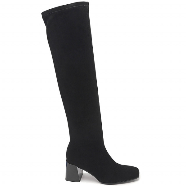 Черни чизми от велур с дебел ток - Amanda Black 11621