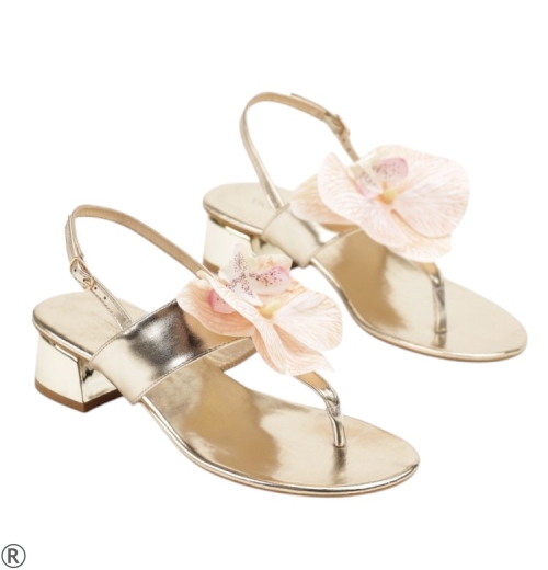Златни сандали на удобен ток с орхидея - Eliza Gold 10435